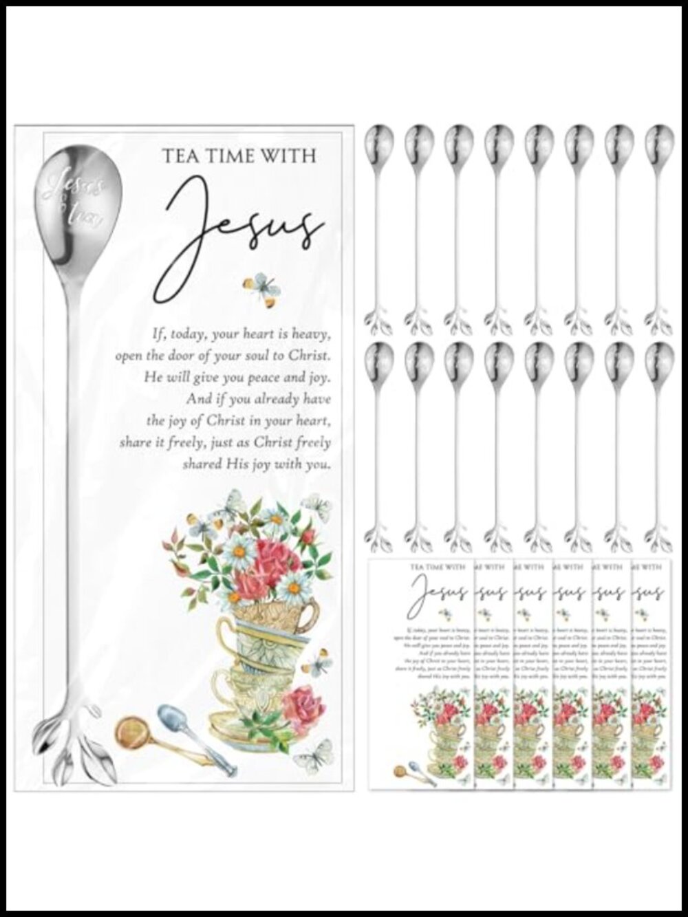 Stainless Steel Christian Tea Party Favor Spoons with Prayer Cards & Gift Bags,